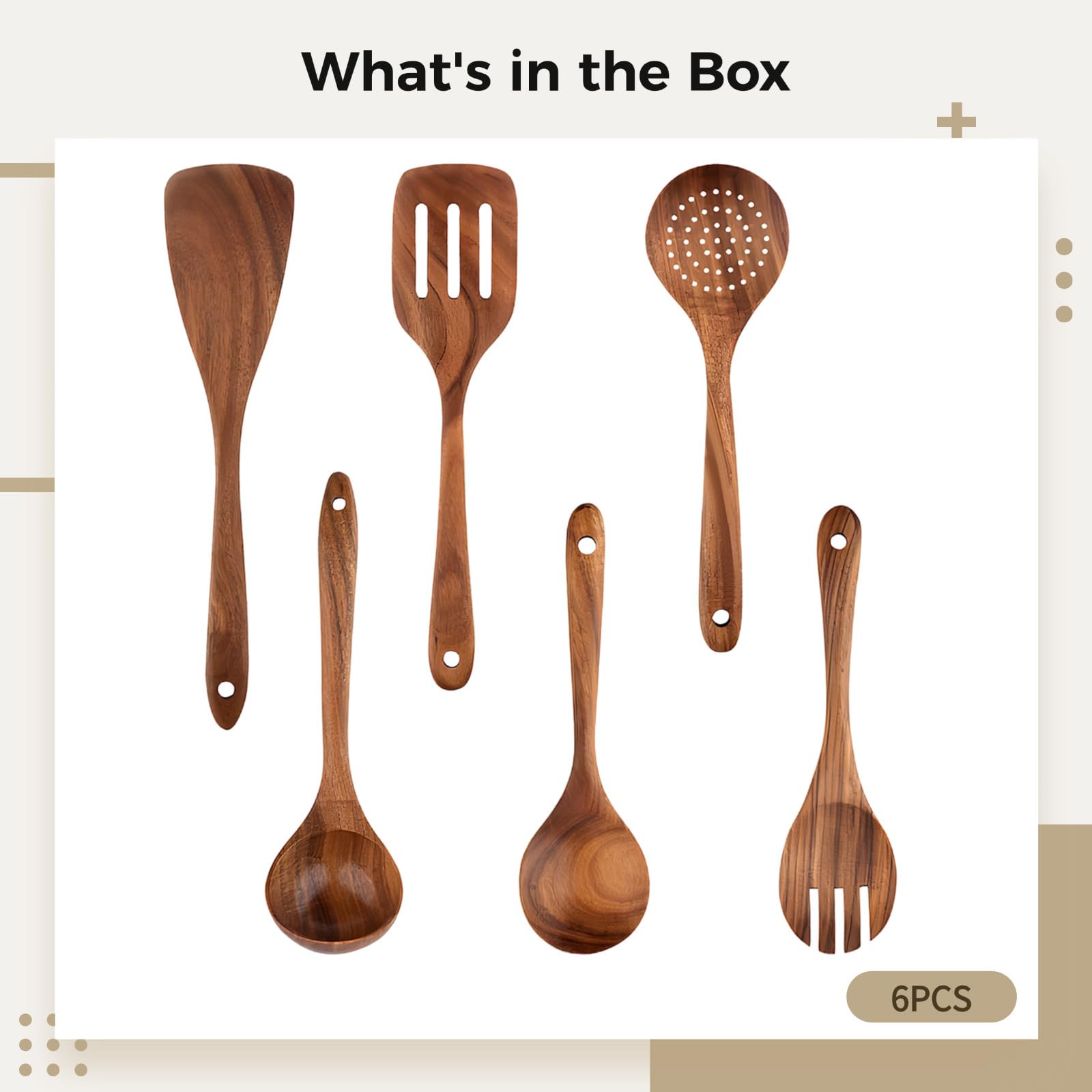 Teakholz-Kochutensilien-Set, 6-teiliges Küchenhelfer mit langem Griff, antihaftbeschichtet und hitzebeständig, ideal zum Rühren, Mischen und Servieren
