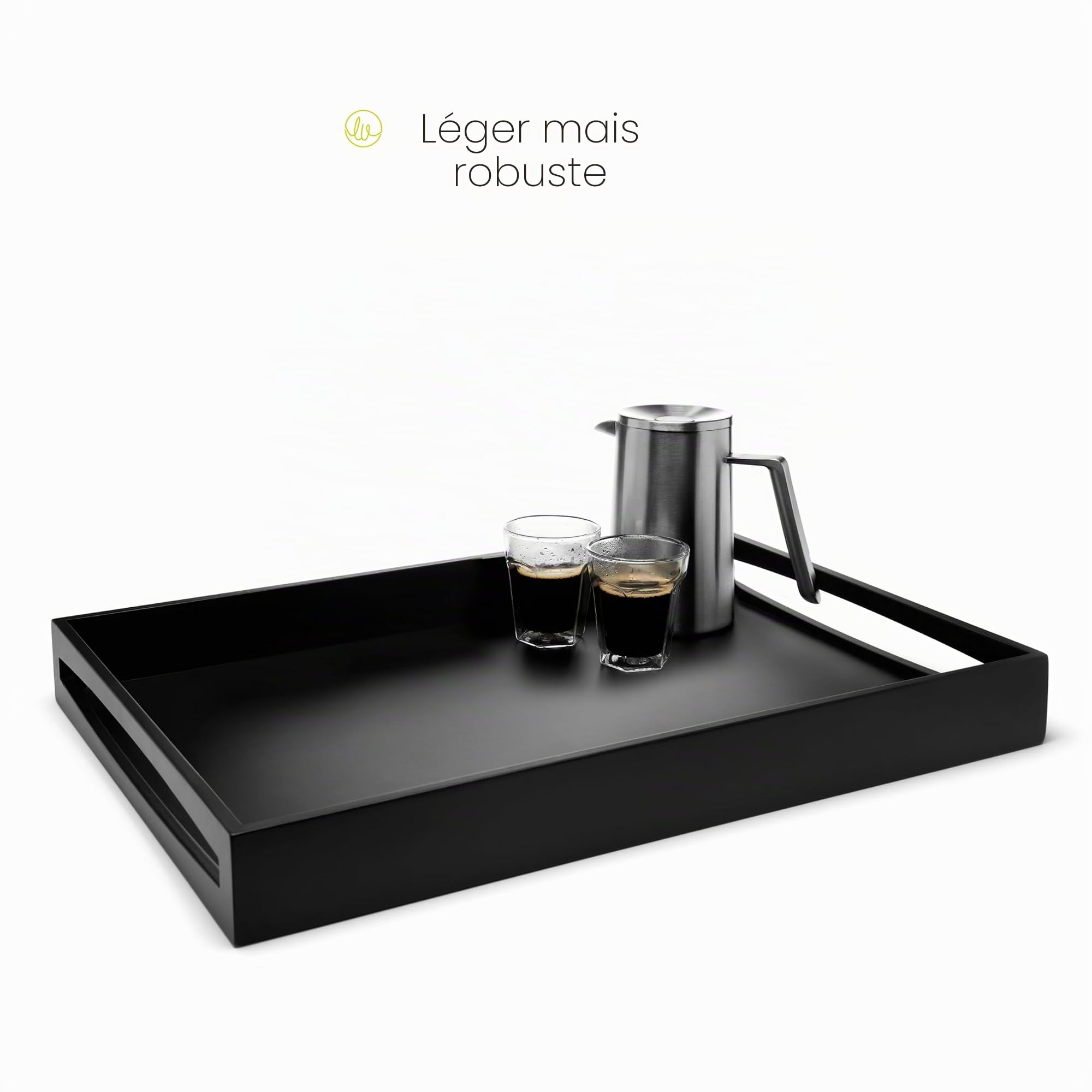 Leopold Vienna - Plateau rectangulaire 55x40x6cm MDF Noir | Plateau rectangulaire avec 2 poignées, plateau de service avec bord surélevé, plateau alimentaire moderne