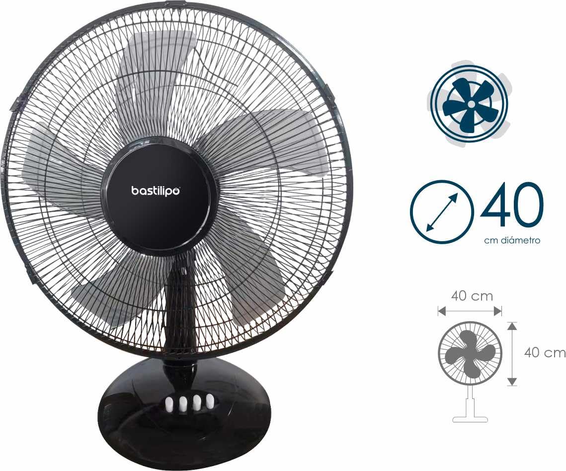 Bastilipo - Ventilateur de table 40 cm - Puissance 50 W - 3 vitesses, Barrosa, Noir