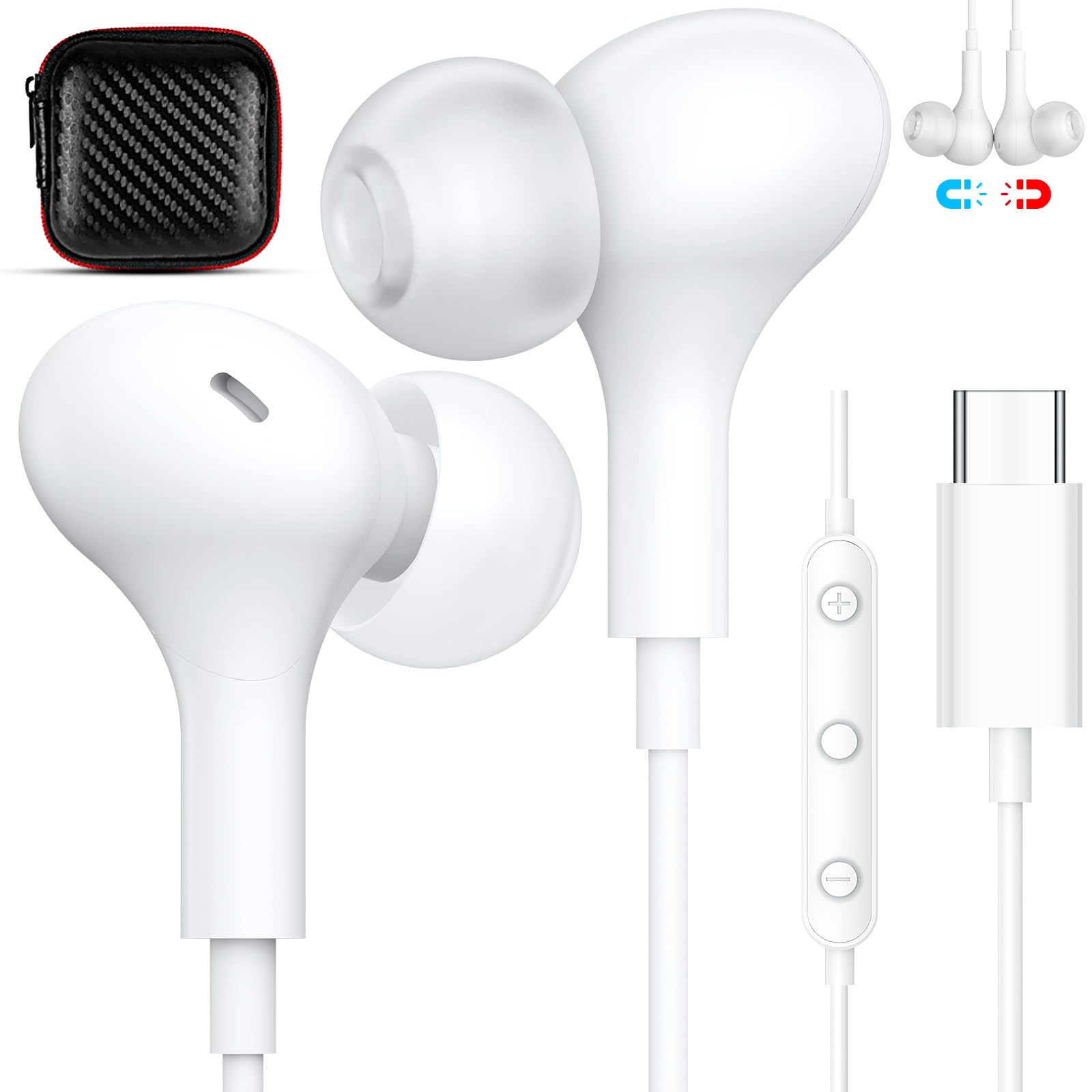 タイプc イヤホン 有線 マイク付き 磁気設計 カタル型 通話可能 対応 iPhone 17 16 15 Pro Max 16e USB Type-Cイヤフォン 対応iPad Pro Pad 10 A16 Air Mini Pixel 8a 9 対応Samsung S25 S24S 23 A16など アンドロイドスマホ パソコン HIFI音質 テレワーク web会議 収納ケース付き 可愛い 白色
