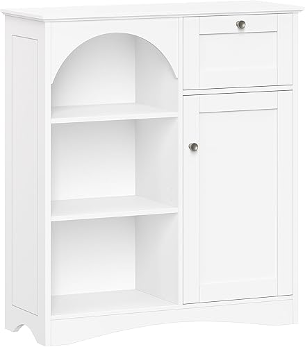 RiverRidge Bristol - Armario de almacenamiento de baño con puerta y cajón individual, organizador blanco con estantes ajustables y diseño arqueado