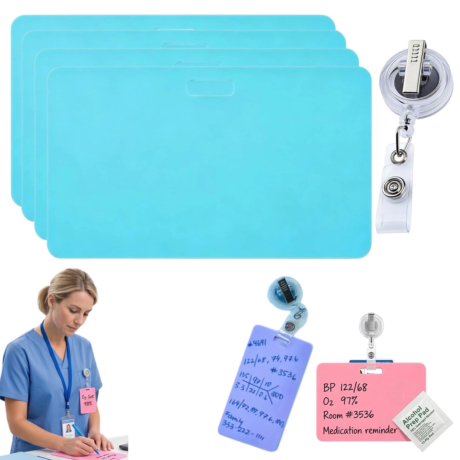 Erasable Badge Note,Vertical Horizontal Silicone Erasable Notepad Badge Set, Reusable ID Card Badges Reel Notepad for Nurses Doctor, Writable Whiteboard Clipboard with Badge Clip (blue1)