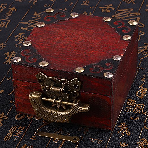 Image of Antique Small Chinese Locks with Key & Latch Hasp Set, Vintage Jewelry Gift Box Decorative Padlock Lock Hardware Latch Set for Wood Box, Fish Lock