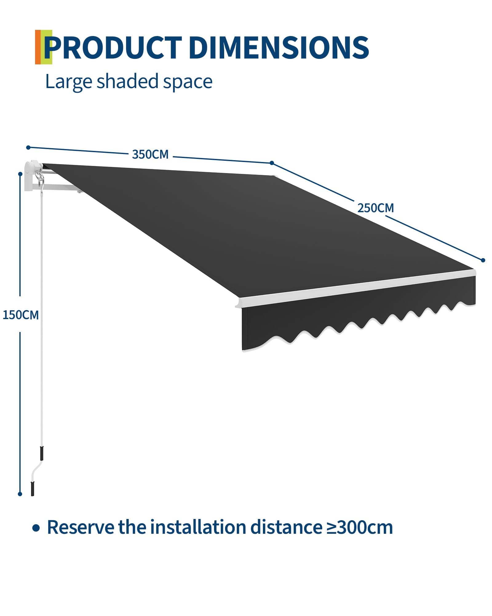 Tenda da Sole 350x250 cm per Esterni con Manovella, Protezione UV50+ | Tessuto idrorepellente, Inclinazione regolabile, Supporto a parete, Terrazza, Balcone, Patio