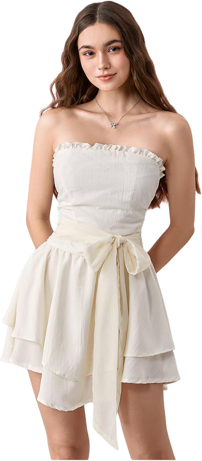 Floerns Women's Layered Ruffle Strapless Tube Dress Tie Waist Cute A Line Dresses