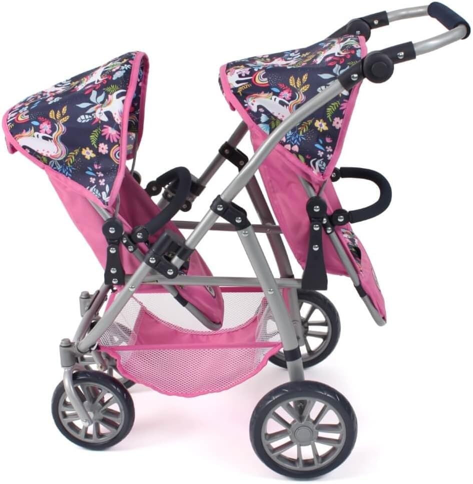 Bayer Chic 2000 Vario Doll's Pram, Twin Buggy for Two Dolls, Tandem Doll's Pram for Children from 4 to 8 Years, Unicorn, Navy Pink, 689-43