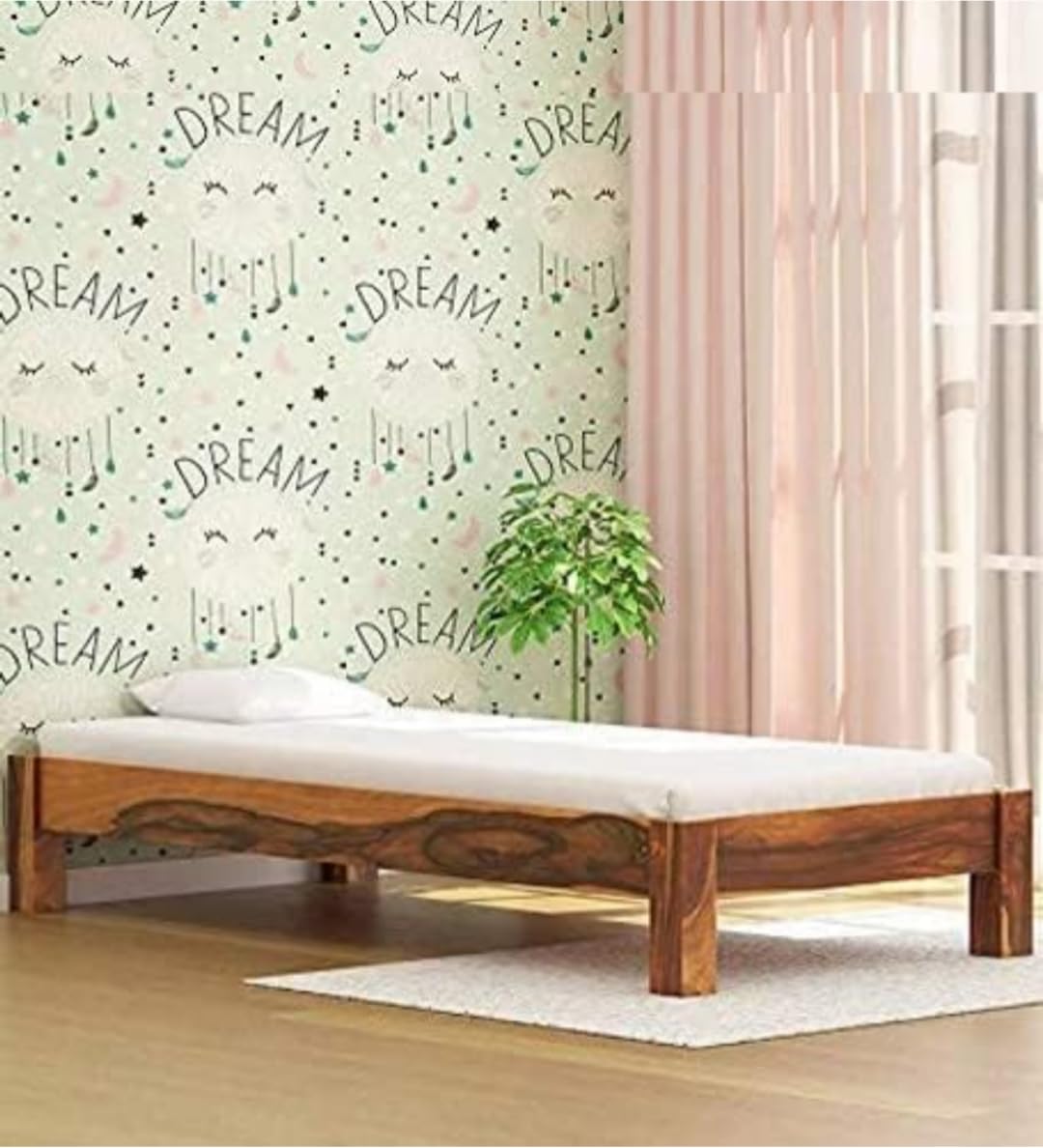 Solid Wood Single Bed Frame with Mattress Support, Sheesham Wood, Low Height Platform Design-image-48