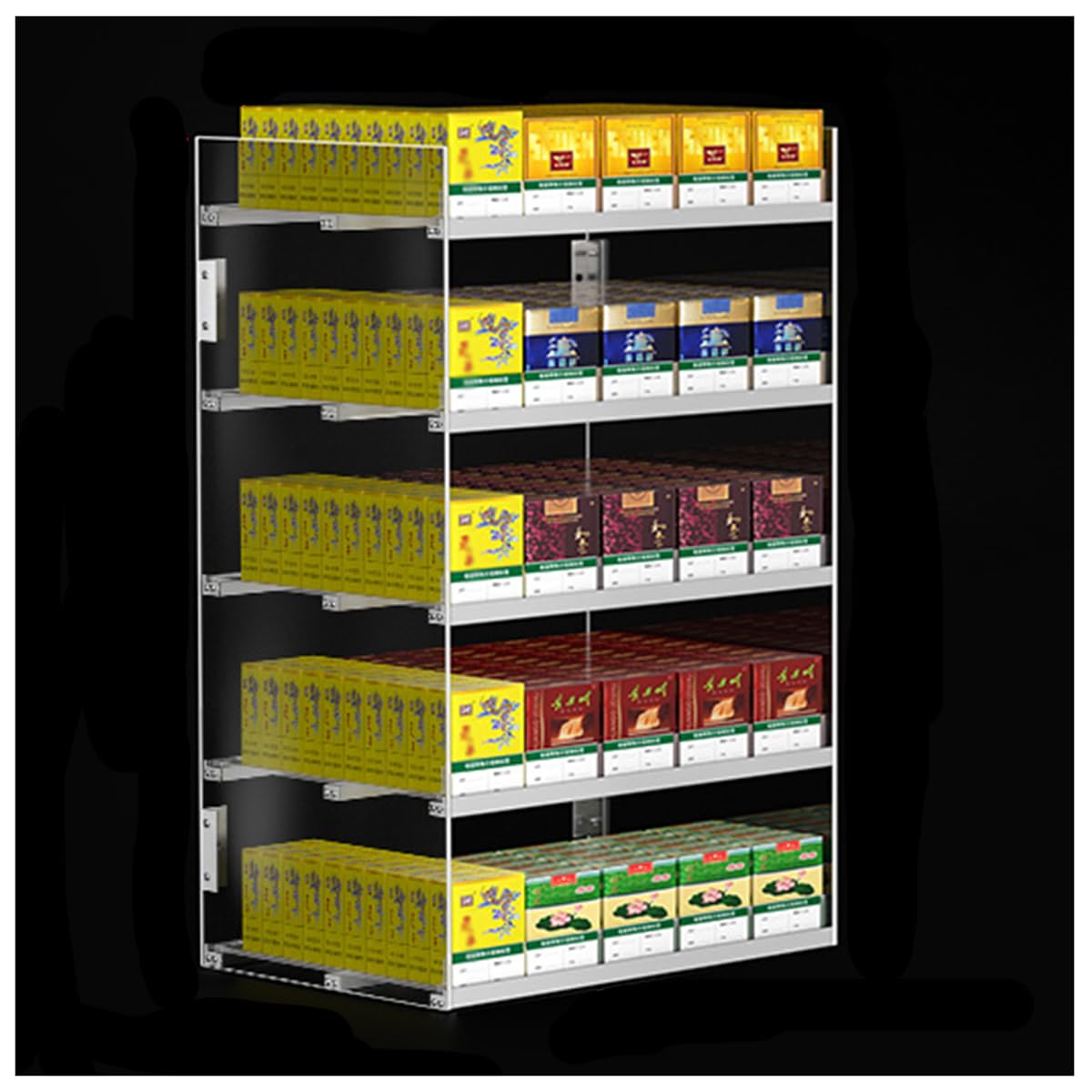 Expositor acrílico de 5 capas para cigarrillos organizados con empujadores automáticos