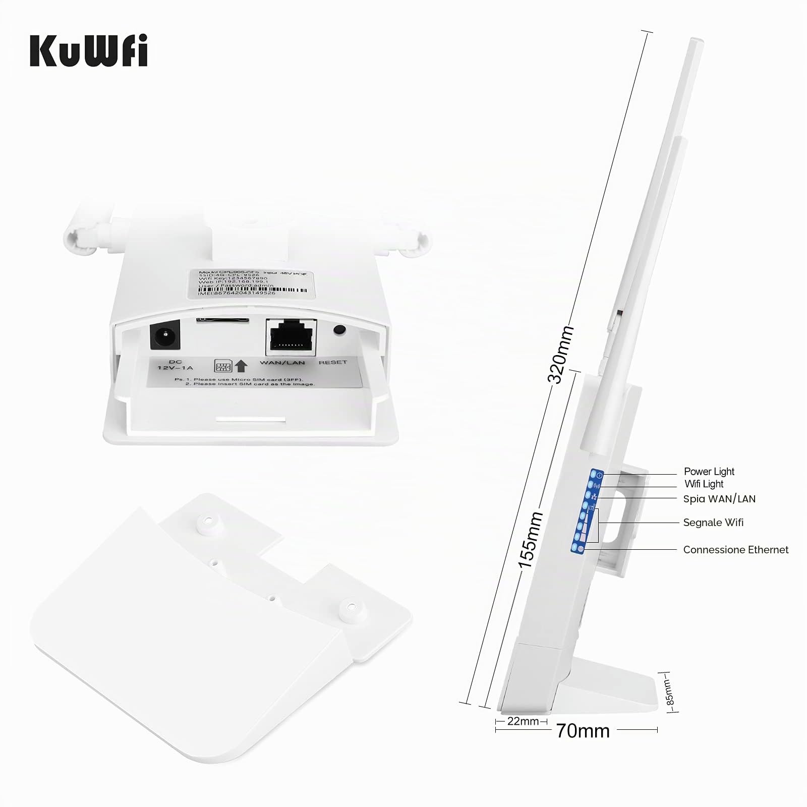 KuWFi Router 4G Con Sim, 150 Mbps/Wireless fino a 300Mbps Con Slot Per Scheda SIM Router 4G da Esterno Con Porte LAN/WAN, 4 Antenne Esterne Ad Alto Guadagno, Supporto10 Utenti