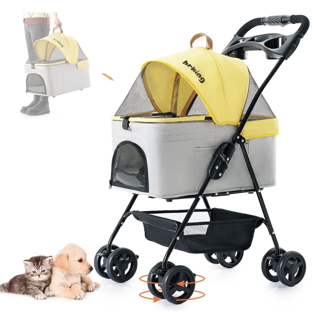 3-in-1 Pet Stroller for Small Dogs and Cats, Folding Lightweight Dog Stroller with Detachable Carrier Portable Cat Puppy Jogging Stroller with Cup Holder and Storage Basket, 4 Wheels Yellow Gray