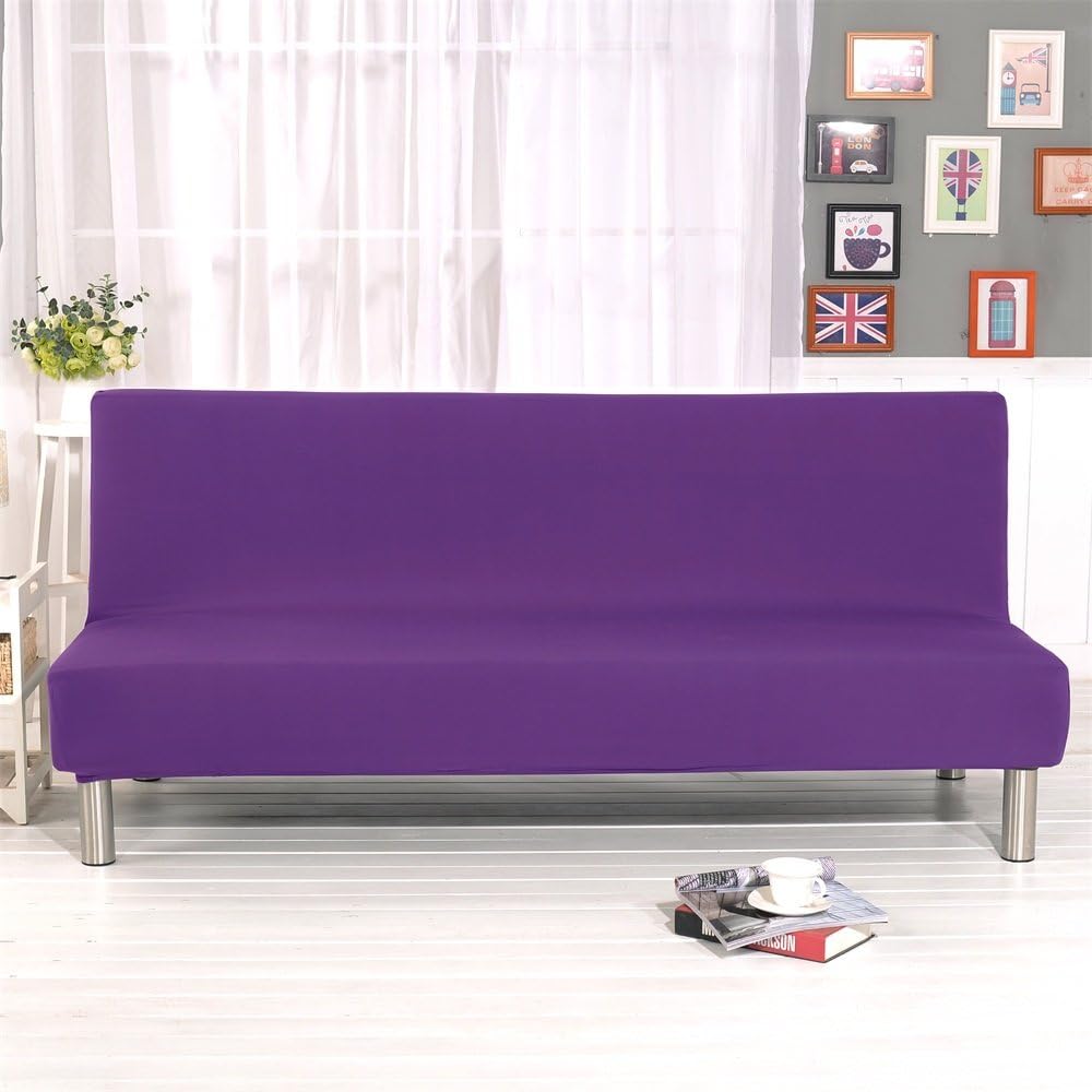 Solid Colour Armless Sofa Bed Cover Polyester Spandex Stretch Futon Slipcover 3 Seater Elastic Full Folding Couch Cover fits Folding Sofa Bed Without Armrests 80" x 50" in (Purple)