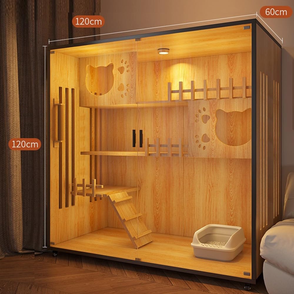 villa per gatti Recinto for gatti grande in legno con luce LED e ruote Per interni(Piccolo)