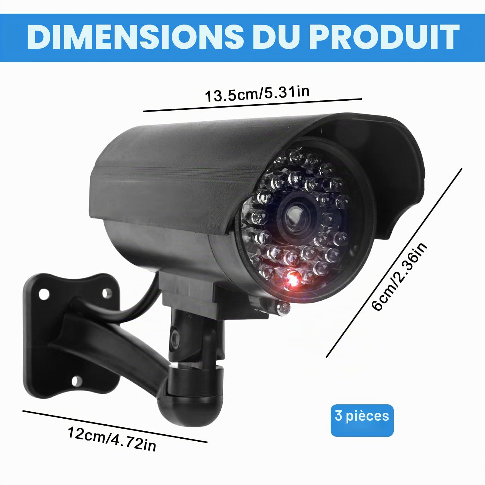 Sporgo Caméra Factice 3 Pièces: Caméra de Surveillance Factice Extérieure avec Lumière LED Rouge Clignotante, Caméra de Surveillance Factice Fausse Caméra de Sécurité pour Intérieur et Extérieur (Noir