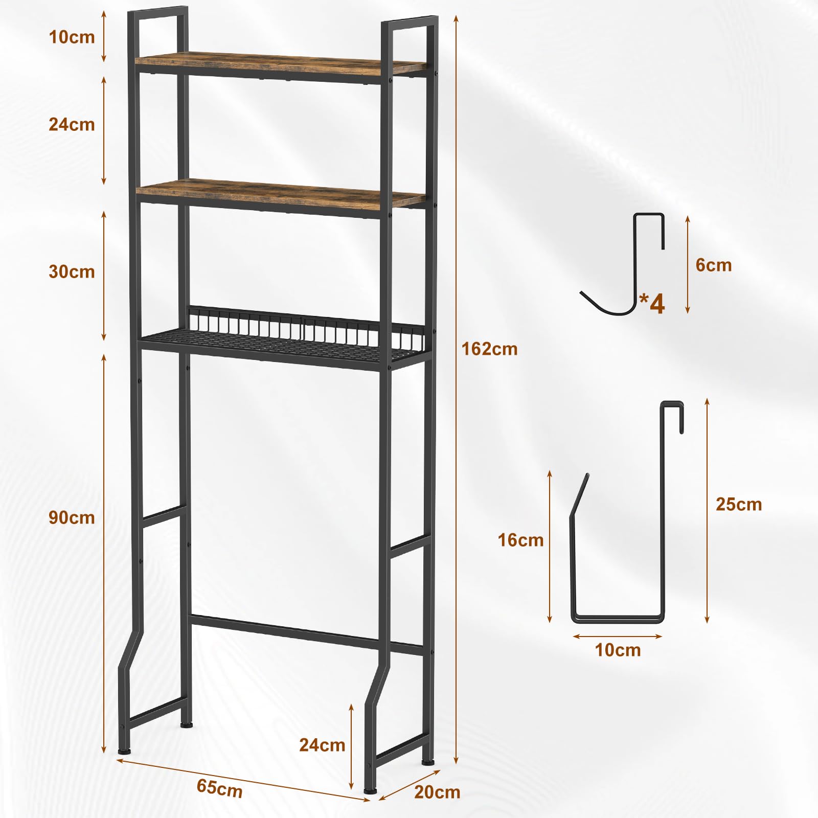CADUKE Toilettenregal, Waschmaschinenregal Toiletten-Überbau mit Aufbewahrungskorb, 3 Ebenen Ablage über Waschmaschine für Badezimmer und Waschküche mit 4 Haken und Papierhalter, Braun
