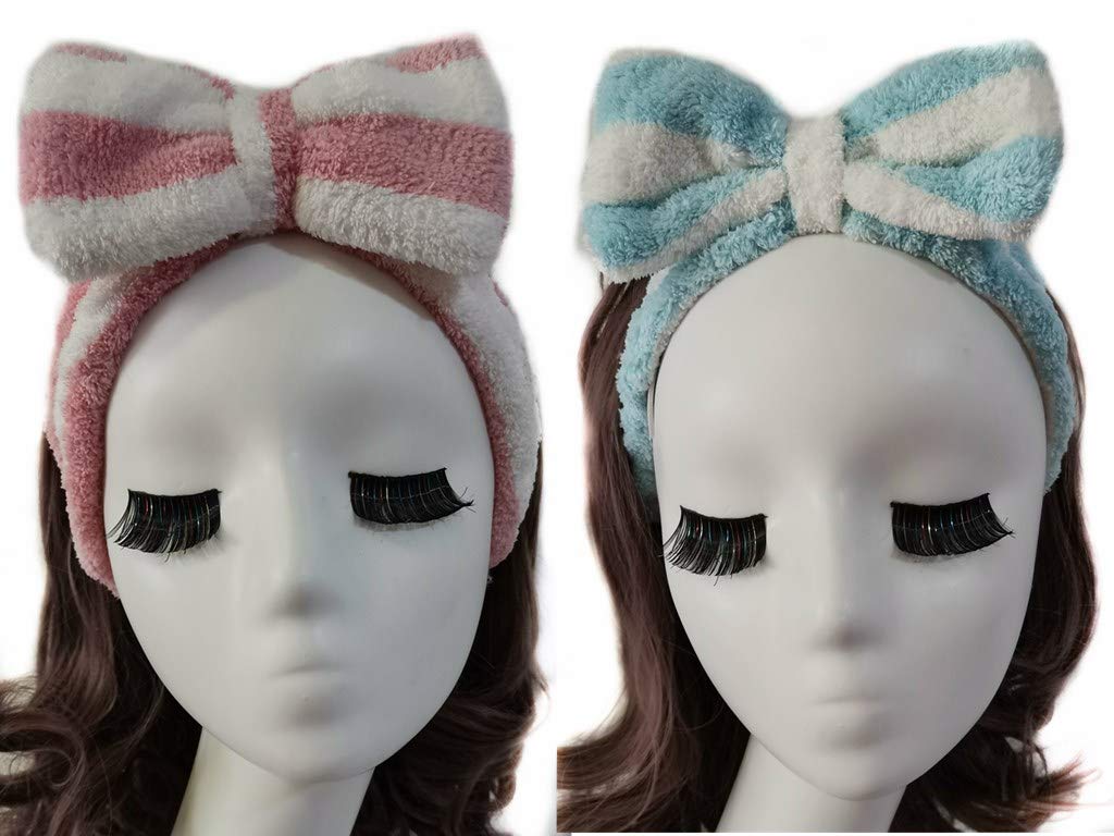 2Pack Microfiber Bow Headband,Wash Face Cosmetic Facial Mask Shower Spa Skincare Makeup Headband for Women,Stripe Fluffy Fleece Headband(pink+blue stripe)