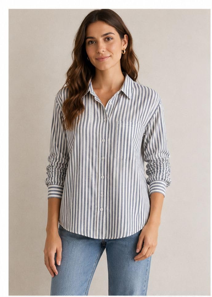 Image of Women's Cotton Linen Striped Oversized Shirt, Regular Fit, Full Sleeve, Button Down, Soft and Breathable