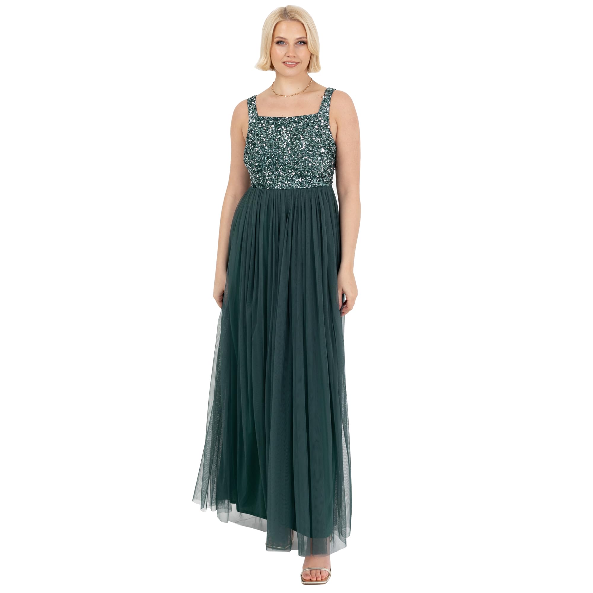 Damen Maxikleid mit Breiten Trägern, Ärmellos, Quadratischer Ausschnitt, Verziert für Hochzeit, Gast, Abschlussball