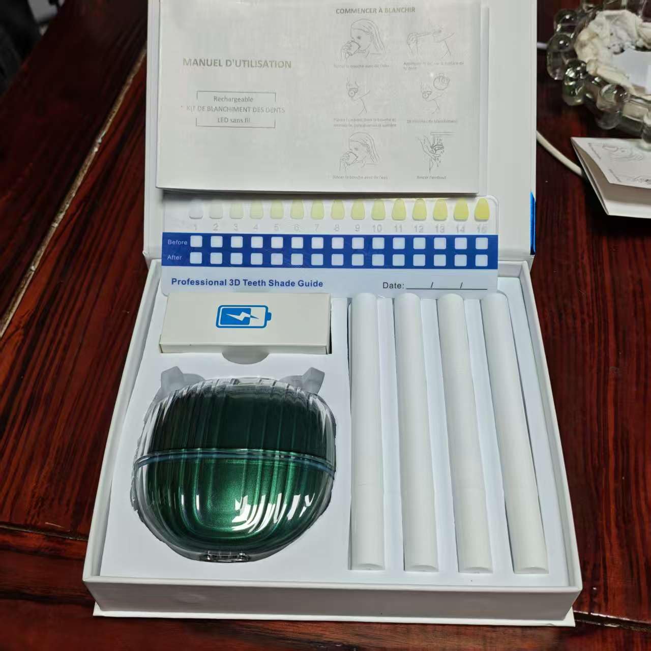 Teeth Whitening Kit Rechargeable LED Light Professional 3D Shade Guide Manuel dUtilisation
