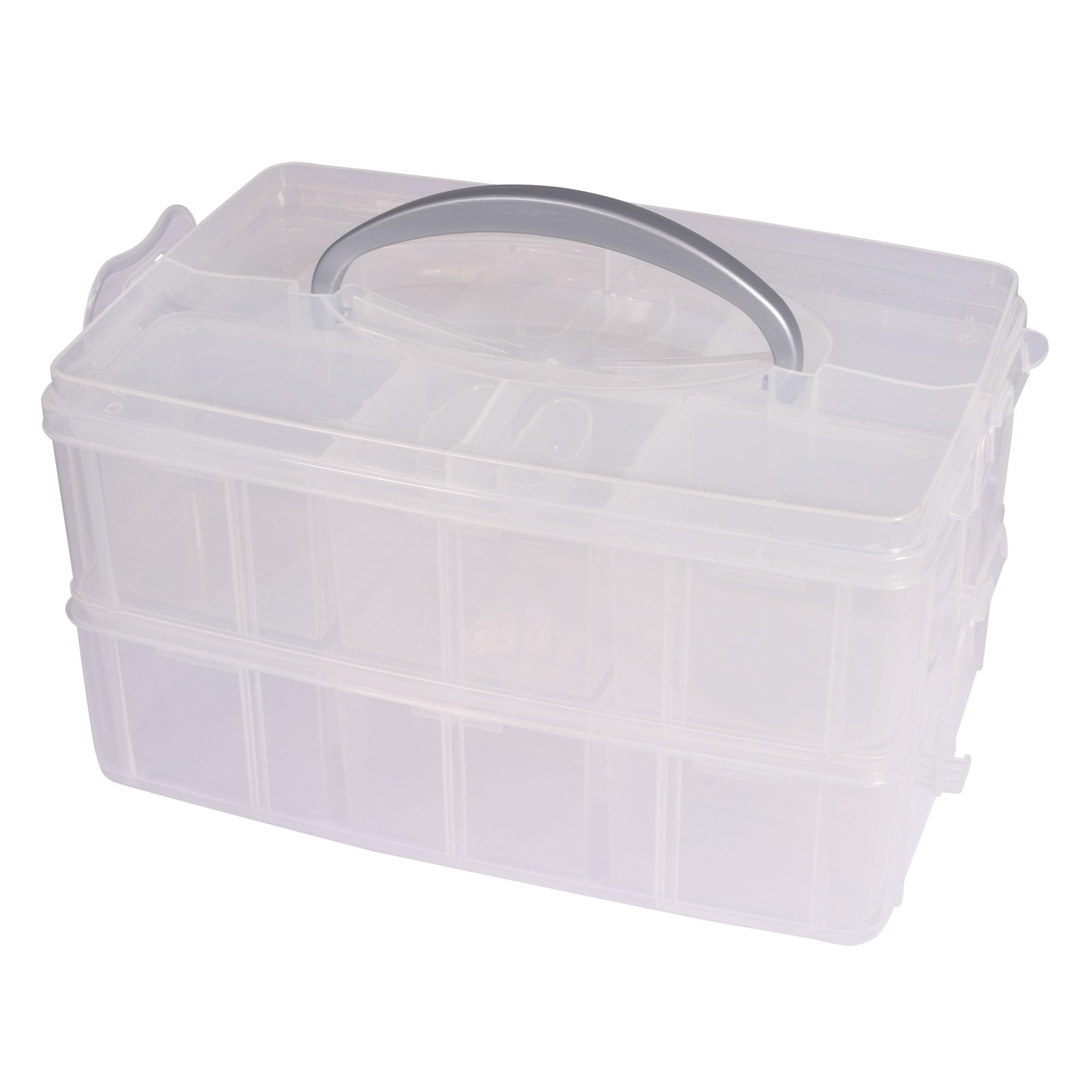 Rayher storage box, sorting box with carrying handle, 2-tier, 23.1 x 15.6 cm, height 13 cm, plastic, clear, great for trinkets, toys, tools, sewing accessories, DIY material, 47001000