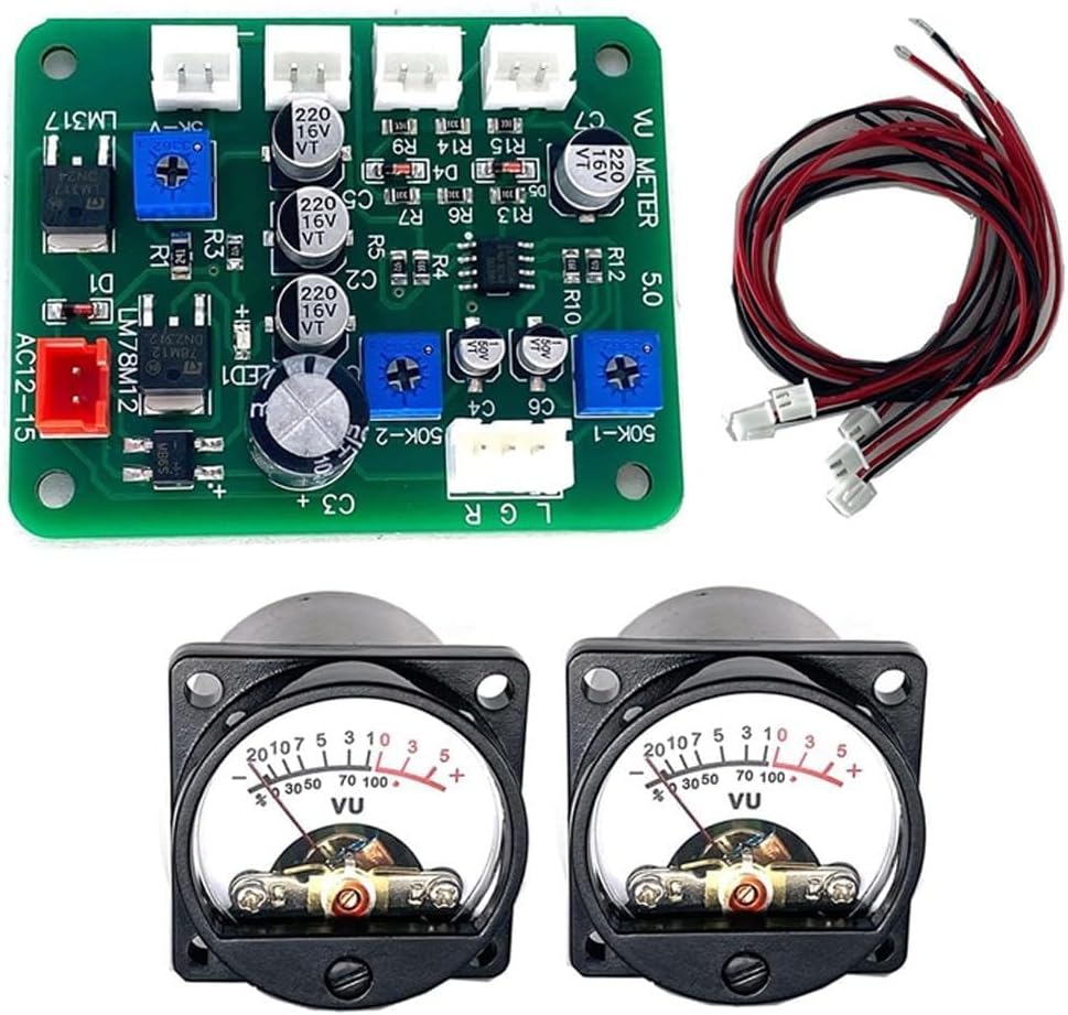 2pcs 35mm VU meter audio level indicator with backlight and driver board for audio devices including computers, phones, and MP3 players with AC6V 12V power