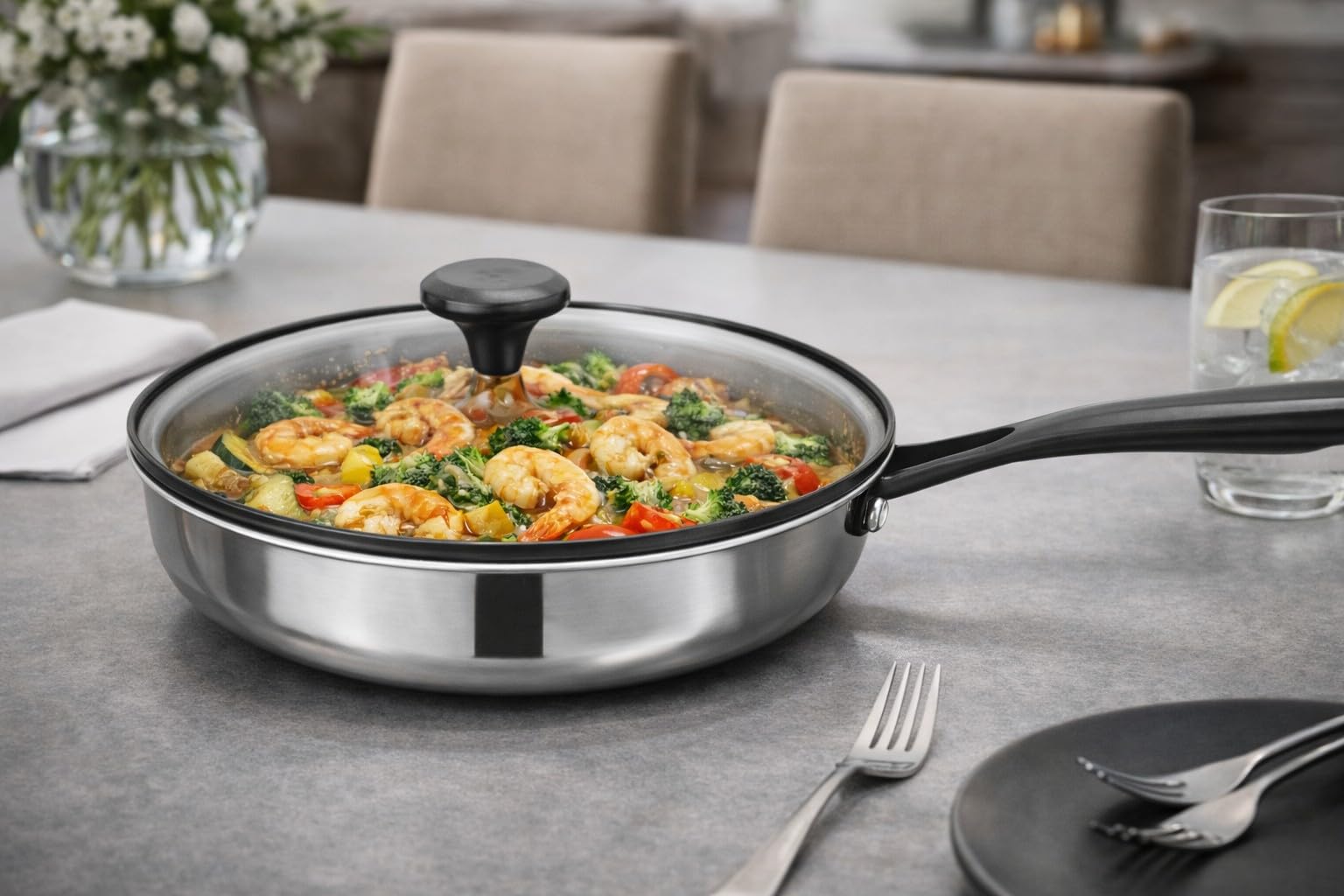 ARTHUR MARTIN - Sauteuse 26 cm - Acier Inoxydable TRIPLY - Diffusion de Chaleur Optimale - Fond Avéolé Innovant - Système de Dosage d'Huile - Poignée Ergonomique PVD Noir