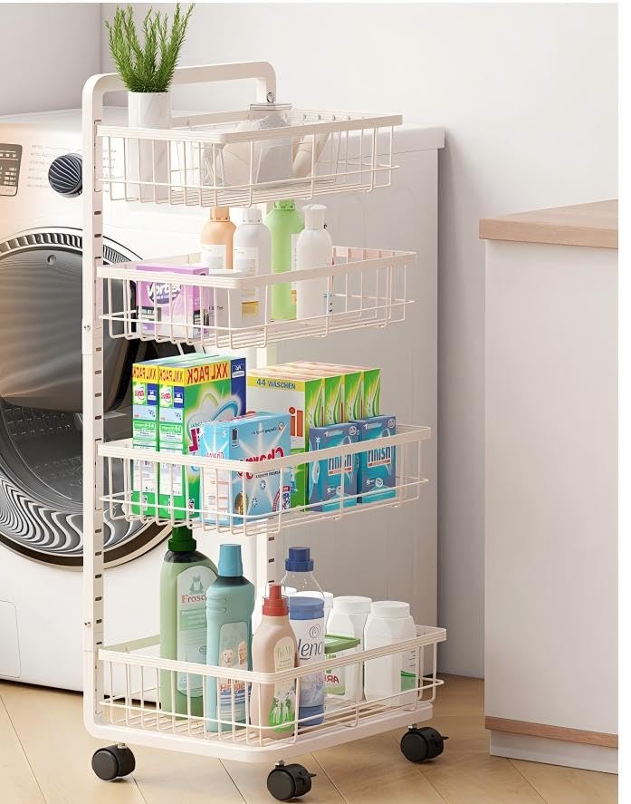 Ornestia キッチンワゴン キャスター付き スリム隙間収納 4 段ラック 炭素鋼製 段数調節可能 42×32×87cm キッチン・洗面所・冷蔵庫・浴室多用途 （ホワイト ）