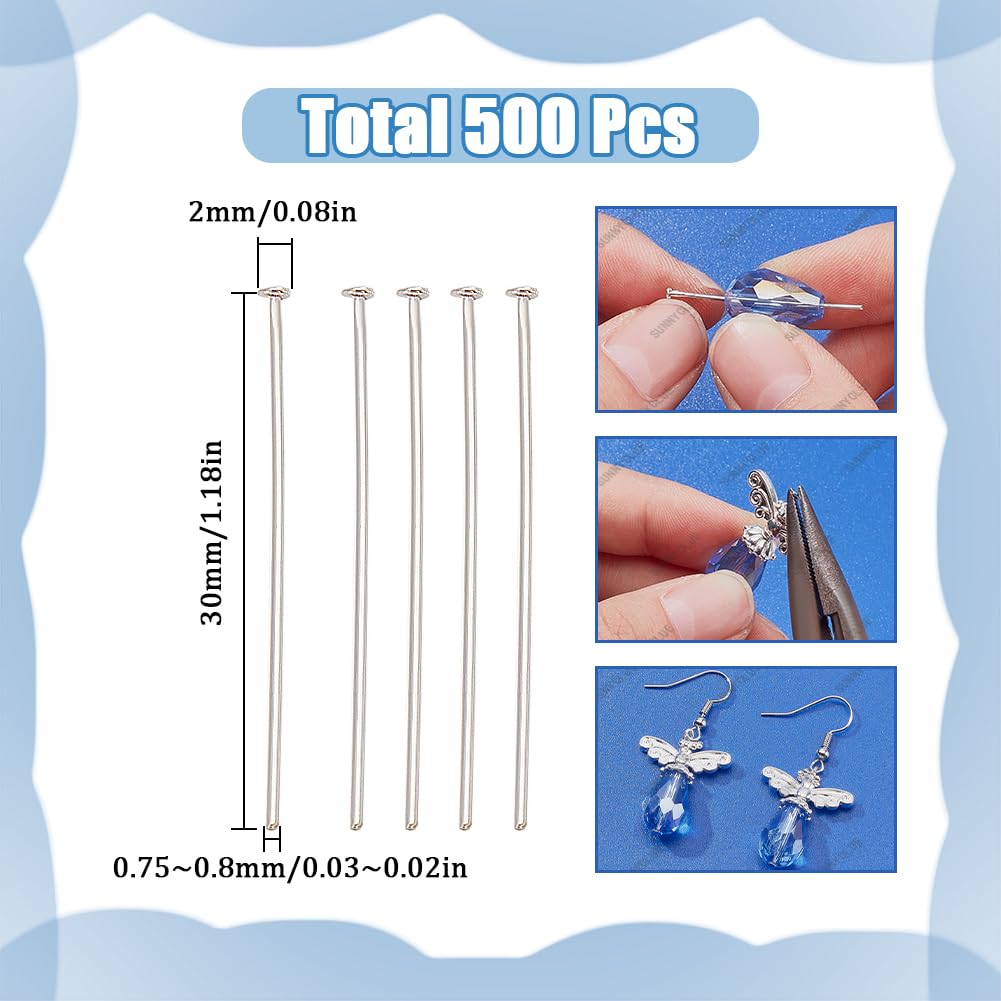 SUNNYCLUE 1 Box 500Pcs 30mm Flat Earring Pins Silver Head Pin Bulk Brass Eye Pins jewellery Headpin Findings Small Flat Head Pins for jewellery Making Earring Charm Bracelet Accessories Supplies DIY C - Image 2