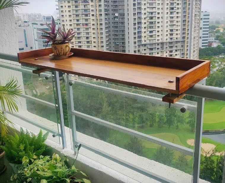 Furnelift Wooden Railing Table for Balcony - Engineered Wood Balcony Furniture - Hanging Bar Table, Balcony Table, Garden Bar Counter Stand - Outdoor Furniture