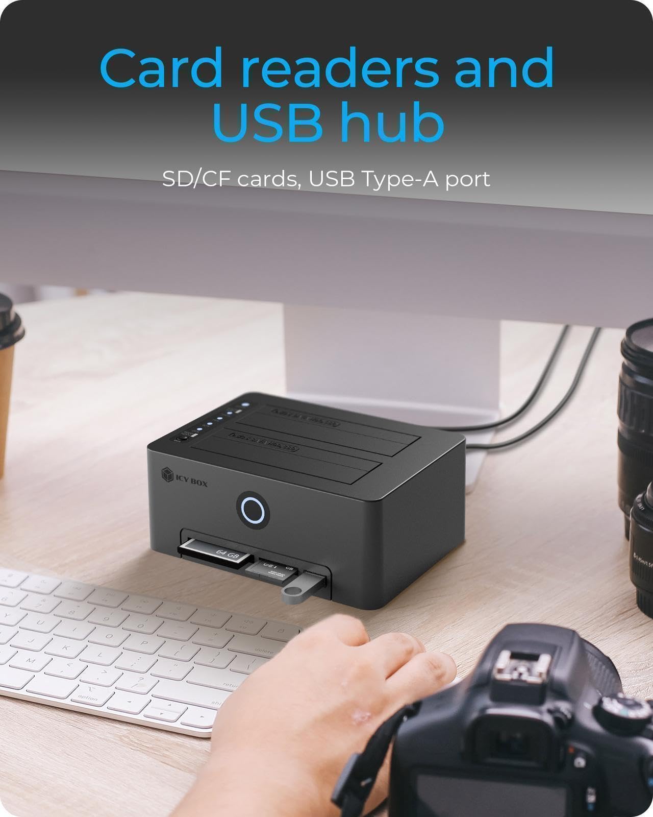ICY BOX Klonstation für 2,5"/3,5" SATA HDD/SSD, USB 3.0 (5 Gbit/s), Offline-Klonen, Kartenleser (CF/SD), USB Hub, werkzeugfrei, extern, Plug & Play, Dockingstation, Klon-Funktion, Schwarz, IB-1233CL-C