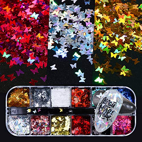 Butterfly Nail Sequins Glitter Set,12 Colors Holographic Iridescent Mermaid Nail Art Glitter Flakes Confetti Acrylic Nail Art Supplies DIY Decoration