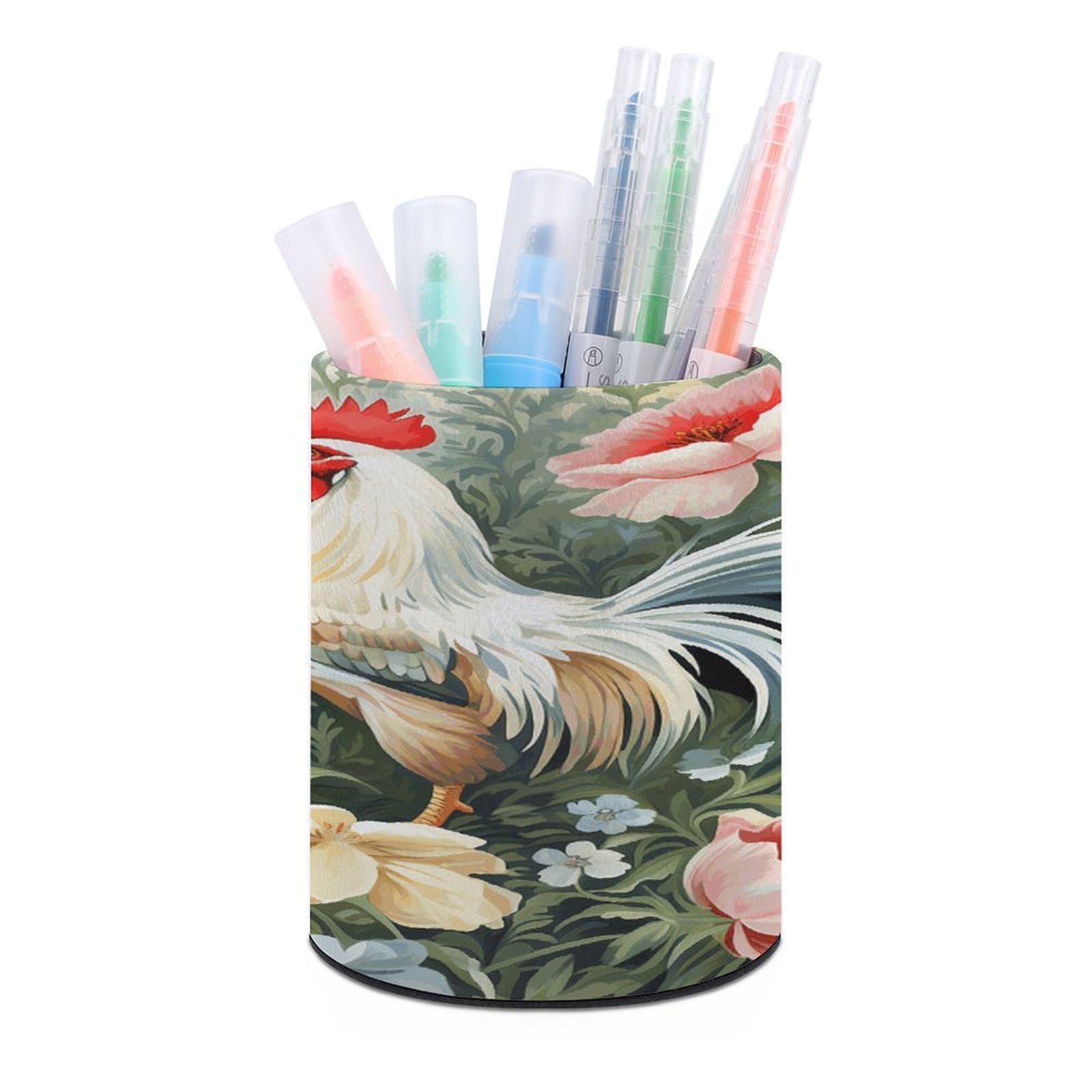 VstaDank Rooster Pen Holder PU Leather Pencil Cup Minimalist Desk Pencil Holder Round Make Up Brush Organizers For Office Dorm Room&Vanity Desk Accessories