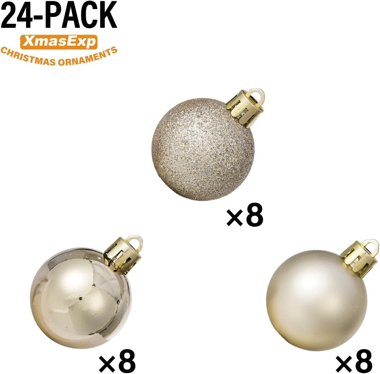 xmasexp 24ct mini christmas ball ornaments shatterproof christmas ornaments set decorations for xmas tree balls 30mm/1.18" (champagne gold) champagne gold 1.18"