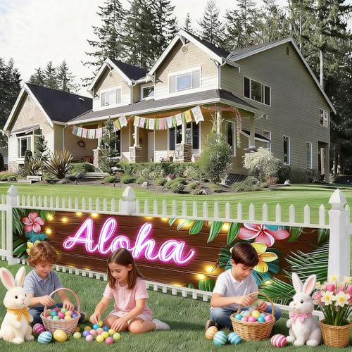 Image of 78.7 x 17.7 Inch Aloha Banner Hawaiian Luau Party Decorations Tropical Summer Yard Decorations Wood Floral Fence Sign Seasonal Outdoor Decor