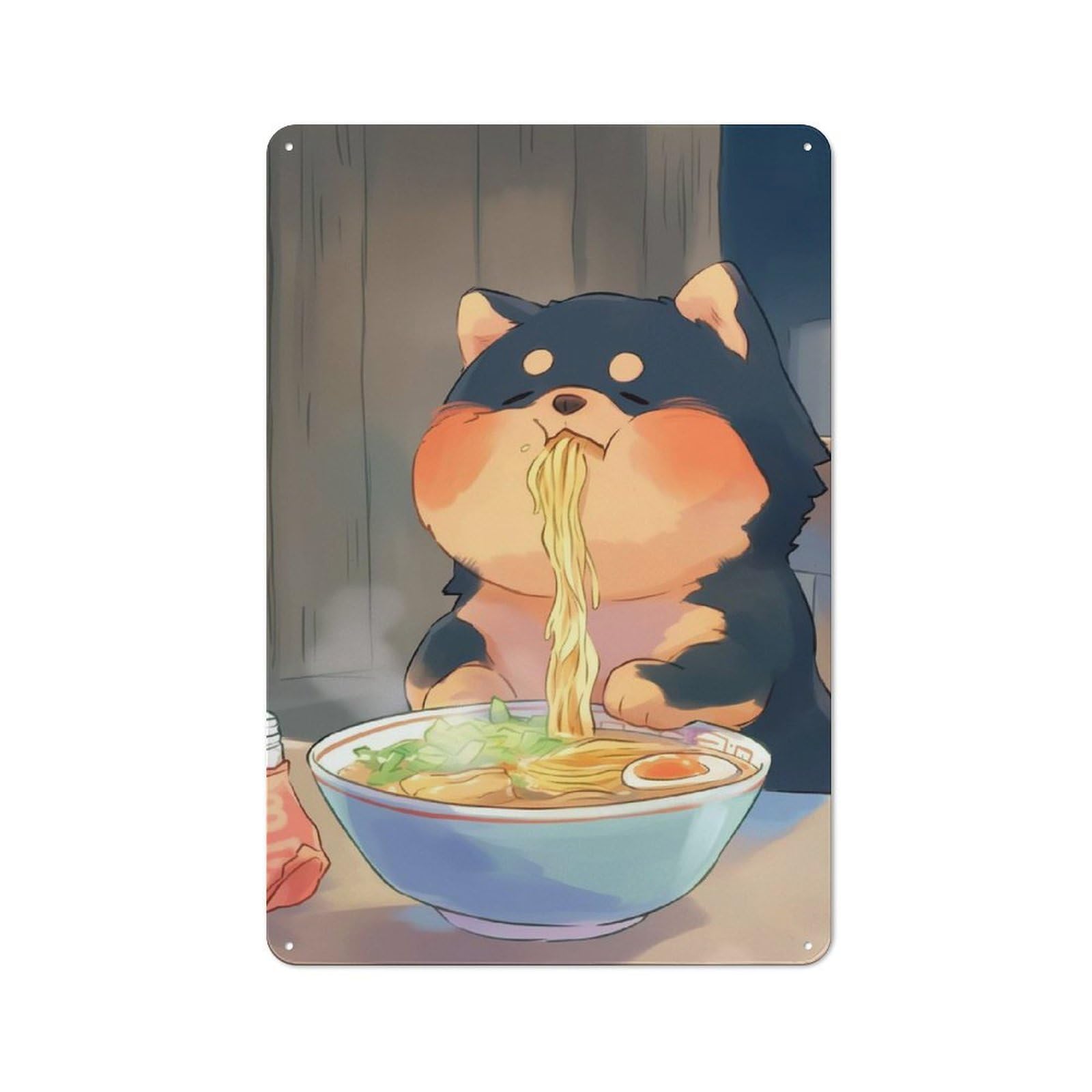 Junmoney Style-24 Cute Dog Eating Ramen - Shiba Inu Rustic Metal Wall Sign 30X20cm For Kitchen Or Home Bar, For Garage, Workshop And Man Cave Decoration