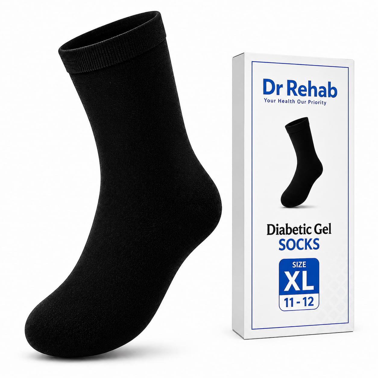 Dr Rehab® Diabetic & Arthritis Care Socks With Gel Padded Cushion, Seamless, Stretchable, Anti-Microbial Coating, Unisex, Black, 1 Pair (X-Large, Foot Size: 11-12)-image-32