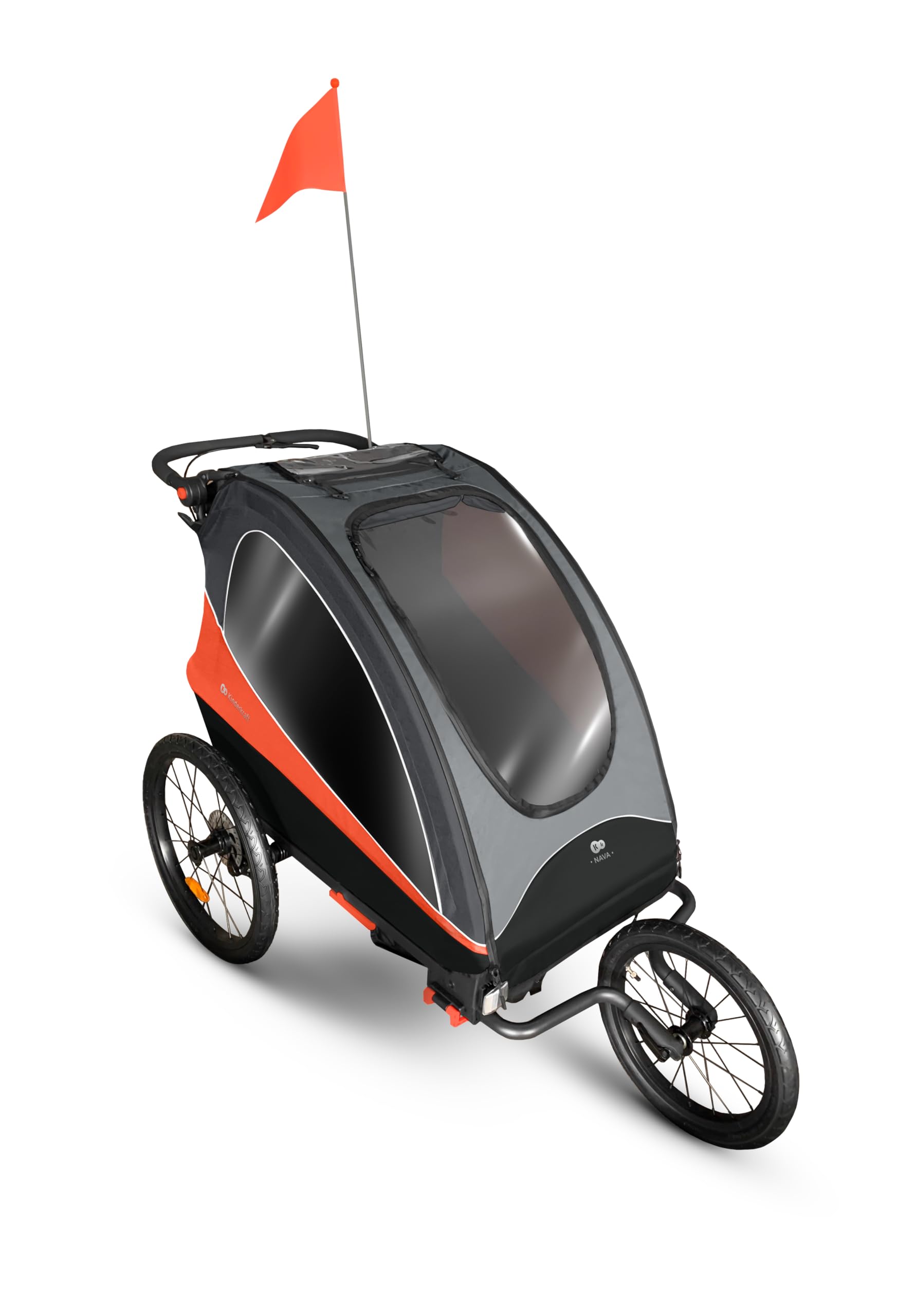 Kinderkraft NAVA 3 en 1, Remolque infantil, Cochecito, Silla de paseo, Remolque de bicicleta, Para uno o dos niños, 2 x 22 kg, Protector de lluvia, Protección contra insectos, Naranja