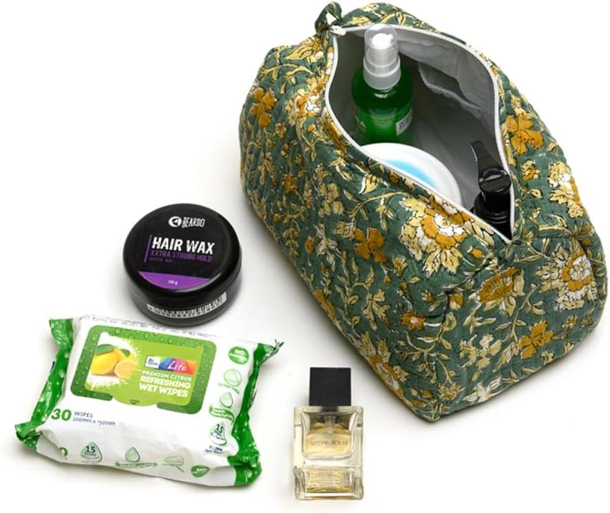 Cotton Hand Block Floral Print Toiletry Bag For Women Make Up Cosmetic Bag Jewelry Organizer Kit Storage Bag Case Travel Accessories Essentials Toiletries Purse Open Pouch, Green (9.25"x 6.88"x 4.5") - Image 7