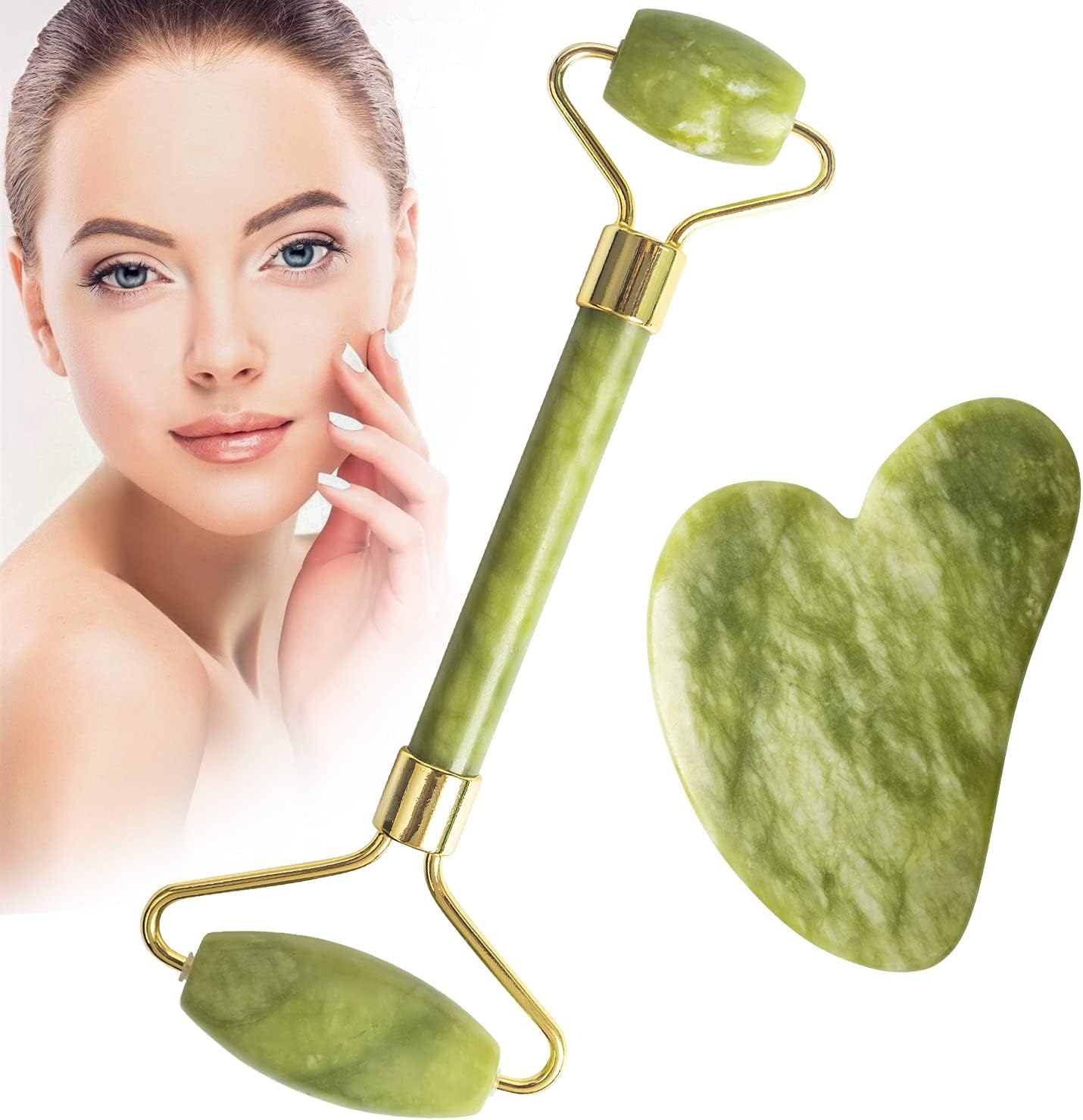 DALUCI Jade Roller & Gua Sha Tool Set for facial massage, Face Massager for Women is Natural Himalayan Stone Gua Sha Stone with Face Roller, helps Skin Wrinkles & Serum Application