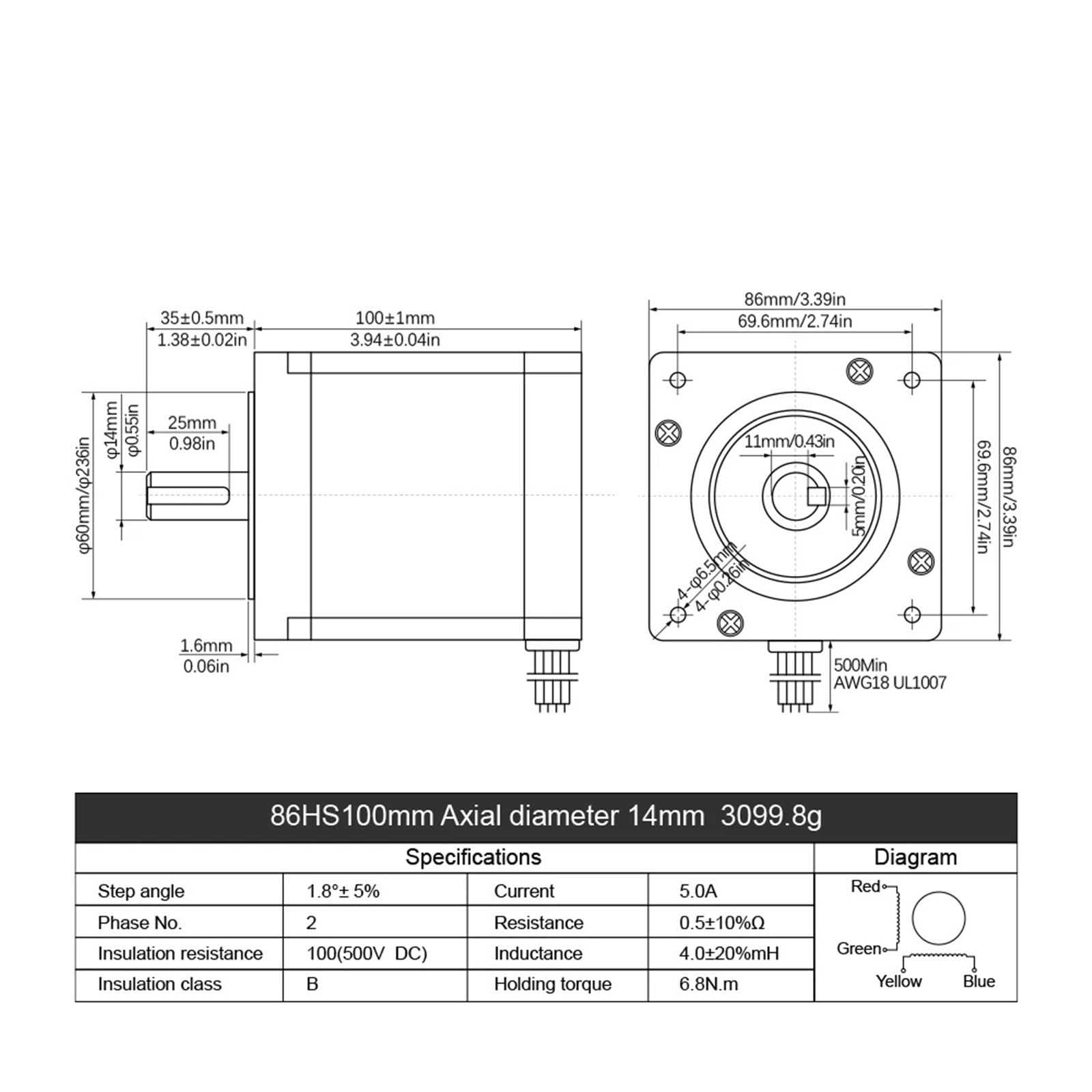 Nema 34 Open Loop Stepper Motor 2 Phase 86HS100 6.8N.m 5A 971ozin 4-Lead DC Engine with 14mm Shaft(with Brake)