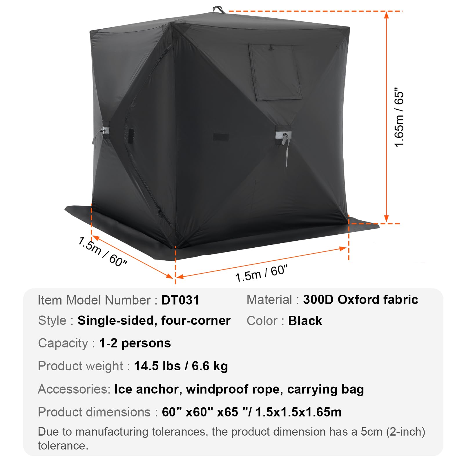 VEVOR Portable Pop-Up Ice Fishing Tent, 1-8 Person Insulated Ice Shelter, Large Fishing Area, Hub-Style Ice Shanty for Winter Fishing, Waterproof Oxford Ice Cube with Anchors/Ropes/Carrying Bag