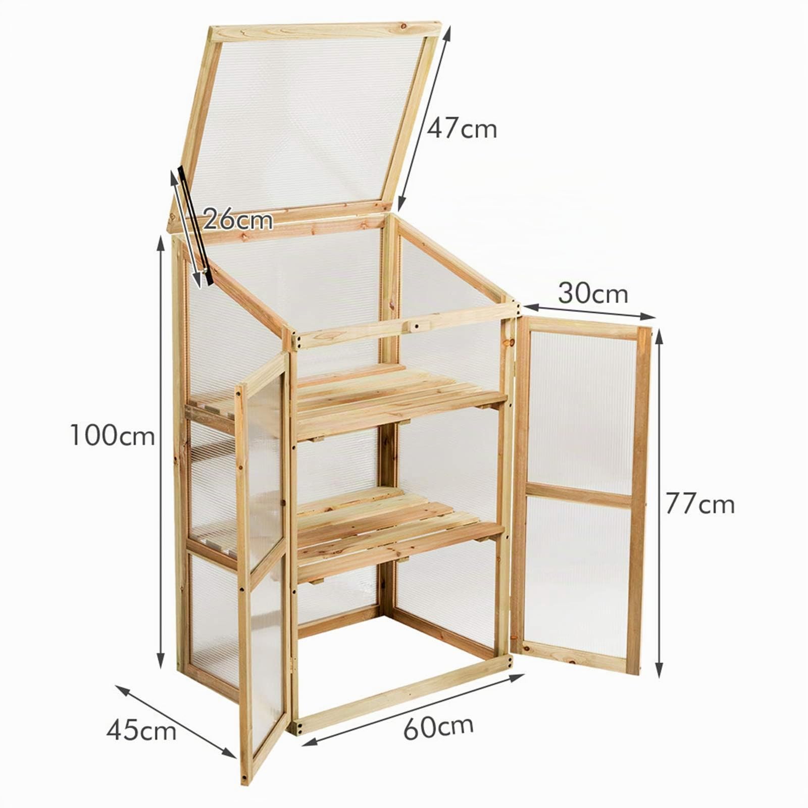 GIANTEX Serre en Bois de Sapin pour Jardin 3 Étagères, Mini Serre de Jardin pour Plantes avec Couvercle Incliné & Vitrages Transparents en Polycarbonate pour Balcon Terrasse Jardin 60x45x100 cm