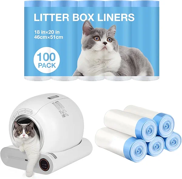 Cat Litter Bags 100 Pack, Thickened cat litter box liners, Leakproof Poop Bags & Waste Bags - Ultimate Odor Control and Leakproof Design,5 Rolls Drawstring Trash Bags for Automatic Litte(18x20inches）