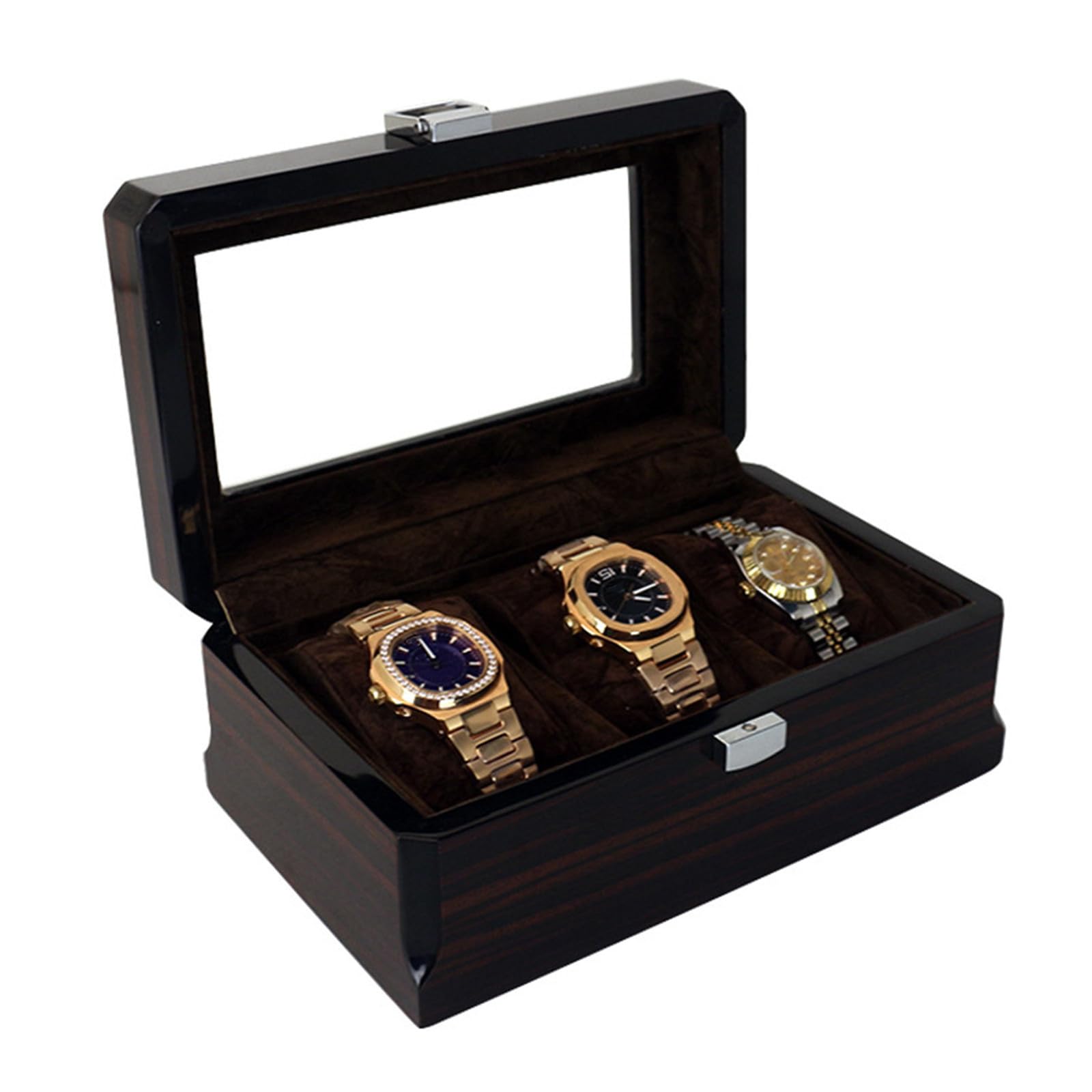 Cabilock Schwarze Holz Uhrenbox mit 3 Fächern als Aufbewahrungsorganizer | Armbanduhr Sicher Geschützt, Geschenk zum Geburtstag oder Valentinstag