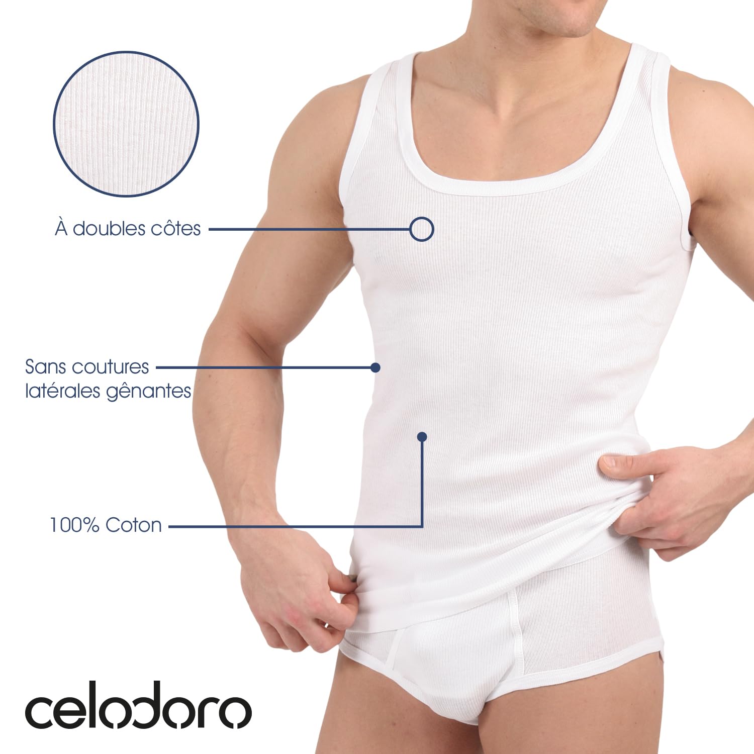 Lot de 5 débardeurs blanc CELODORO original - maillot de corps double côtelé 100% coton peigné