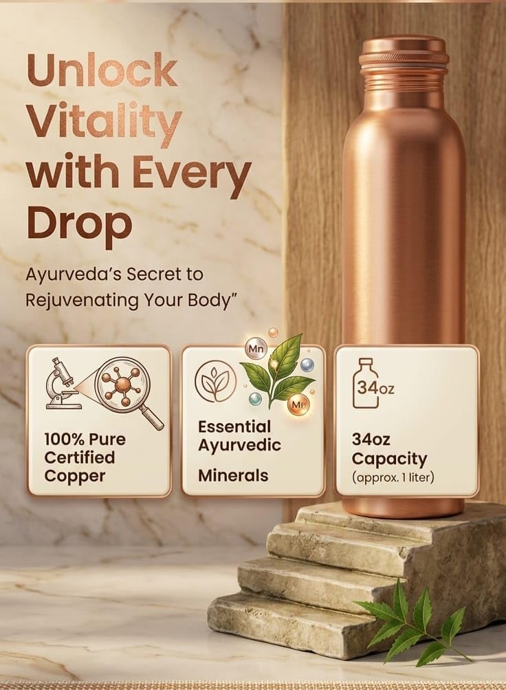 34 oz Pure Copper Water Bottle – Leakproof, Hammered Finish – Reusable & Eco-Friendly Hydration Bottle – Ideal for Yoga, Gym, Travel, Office, and Daily Use