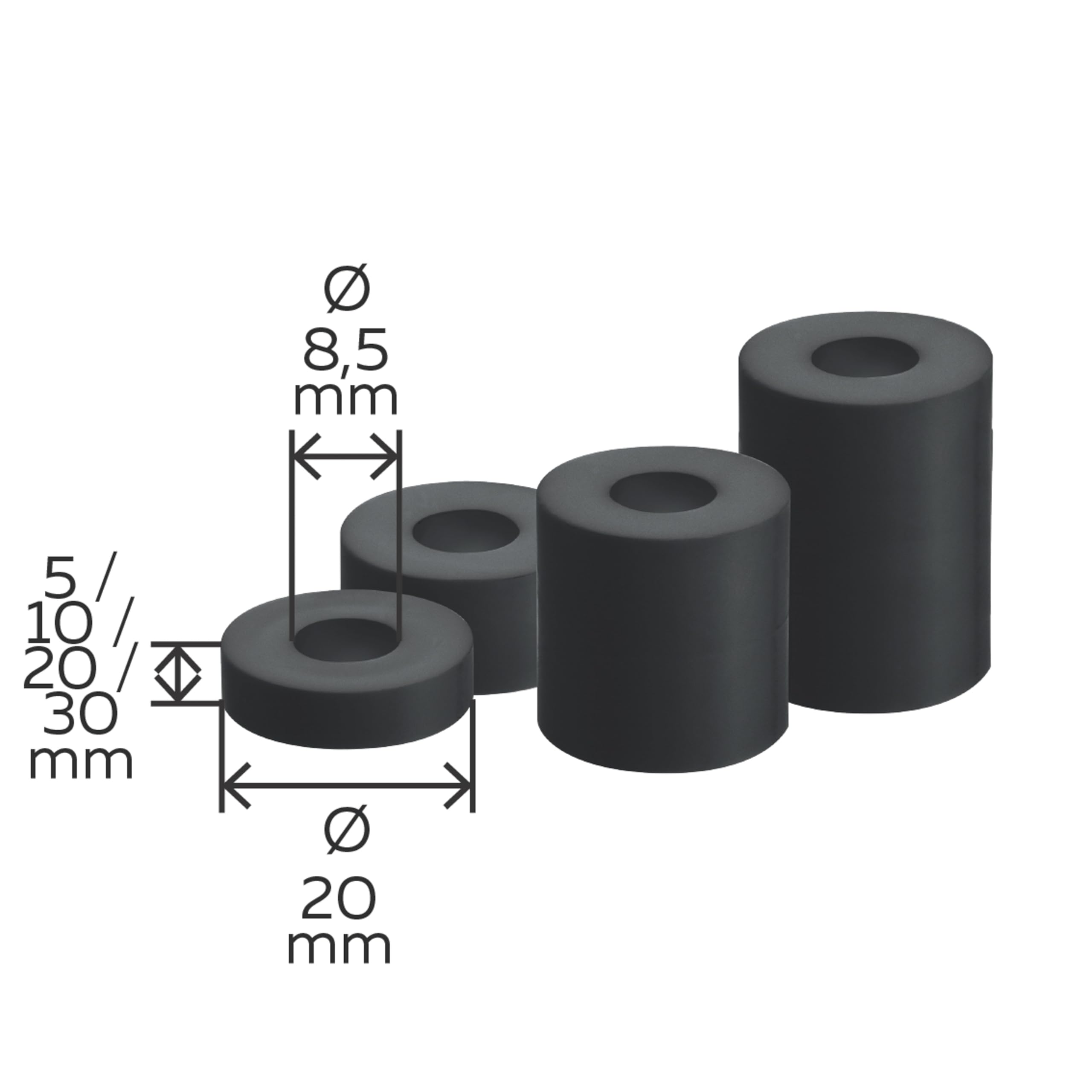 Alberts 338725 Bussola distanziale, plastica, plastica, nera, 20 pezzi in 4 misure, 20 x 5 mm / 20 x 10 mm / 20 x 20 mm / 20 x 30 mm