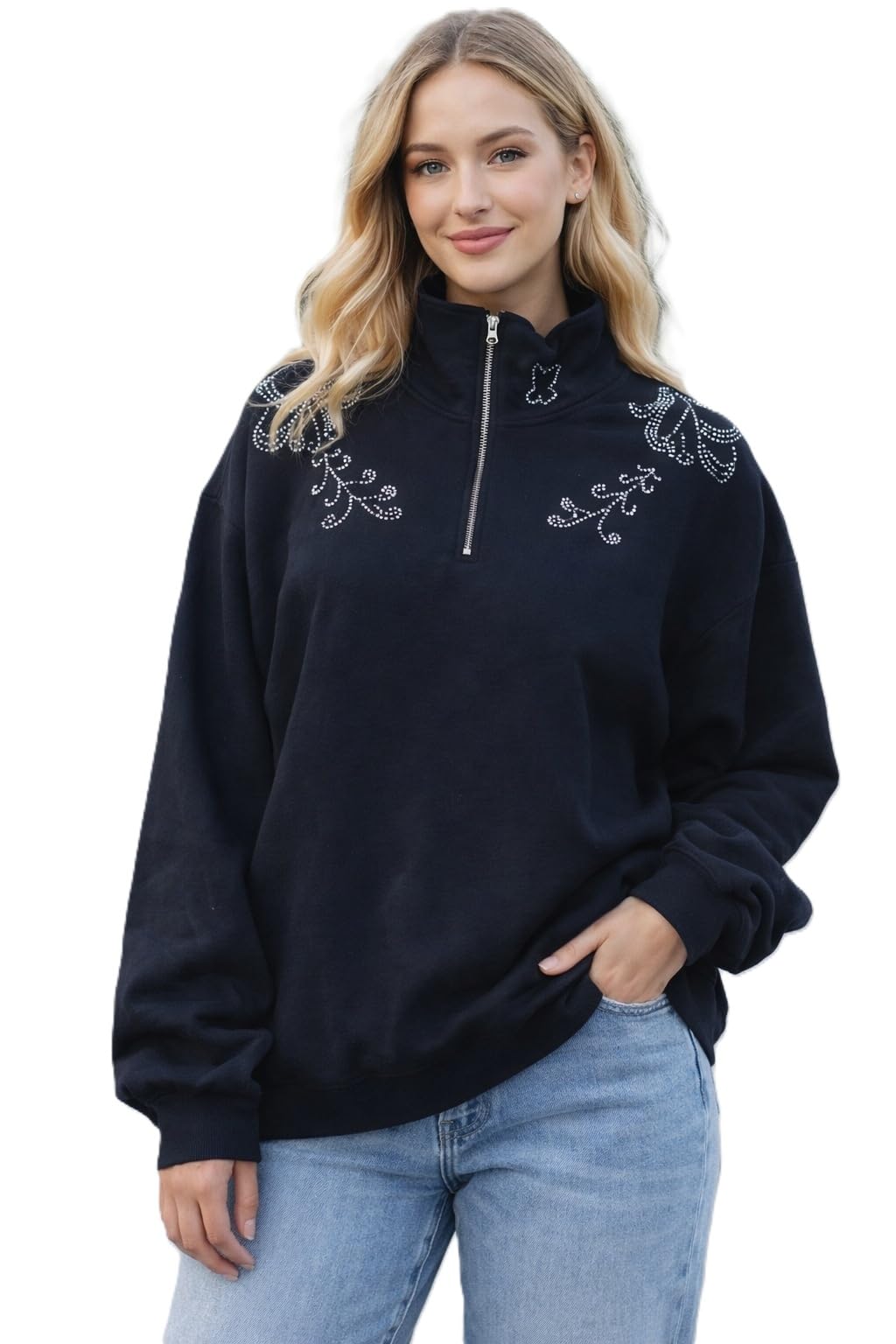 MARVEA Women's Oversized Quarter-Zip Sweatshirt with Rhinestone Embellishments, Black, Soft Fleece Pullover with High Neck, Color- DK.Navy-image-21