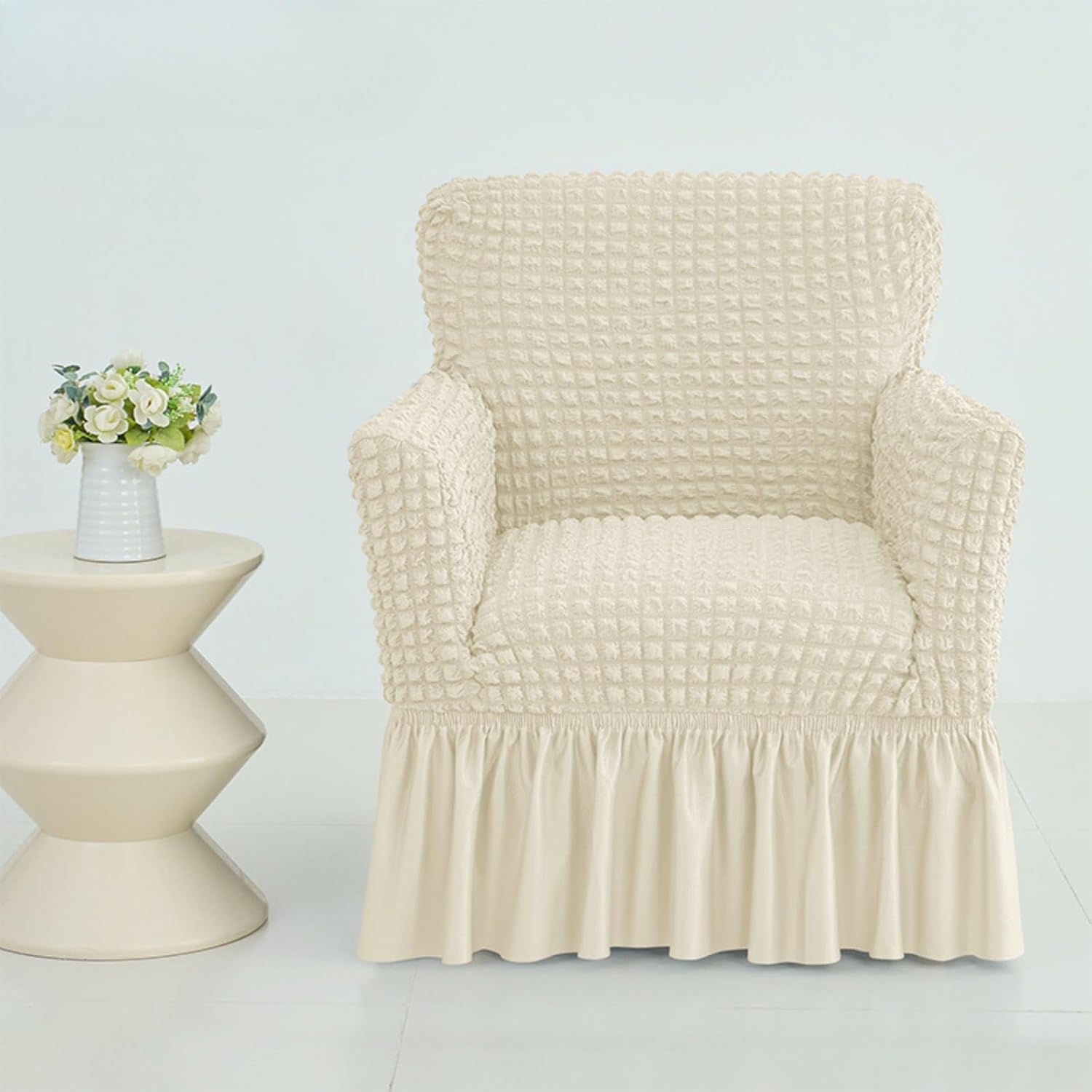 Seersucker Armchair Cover,Small Modern Stretch Club Slipcovers with Ruffled Skirt for Study Bar Counter Living Room (Cream,S)