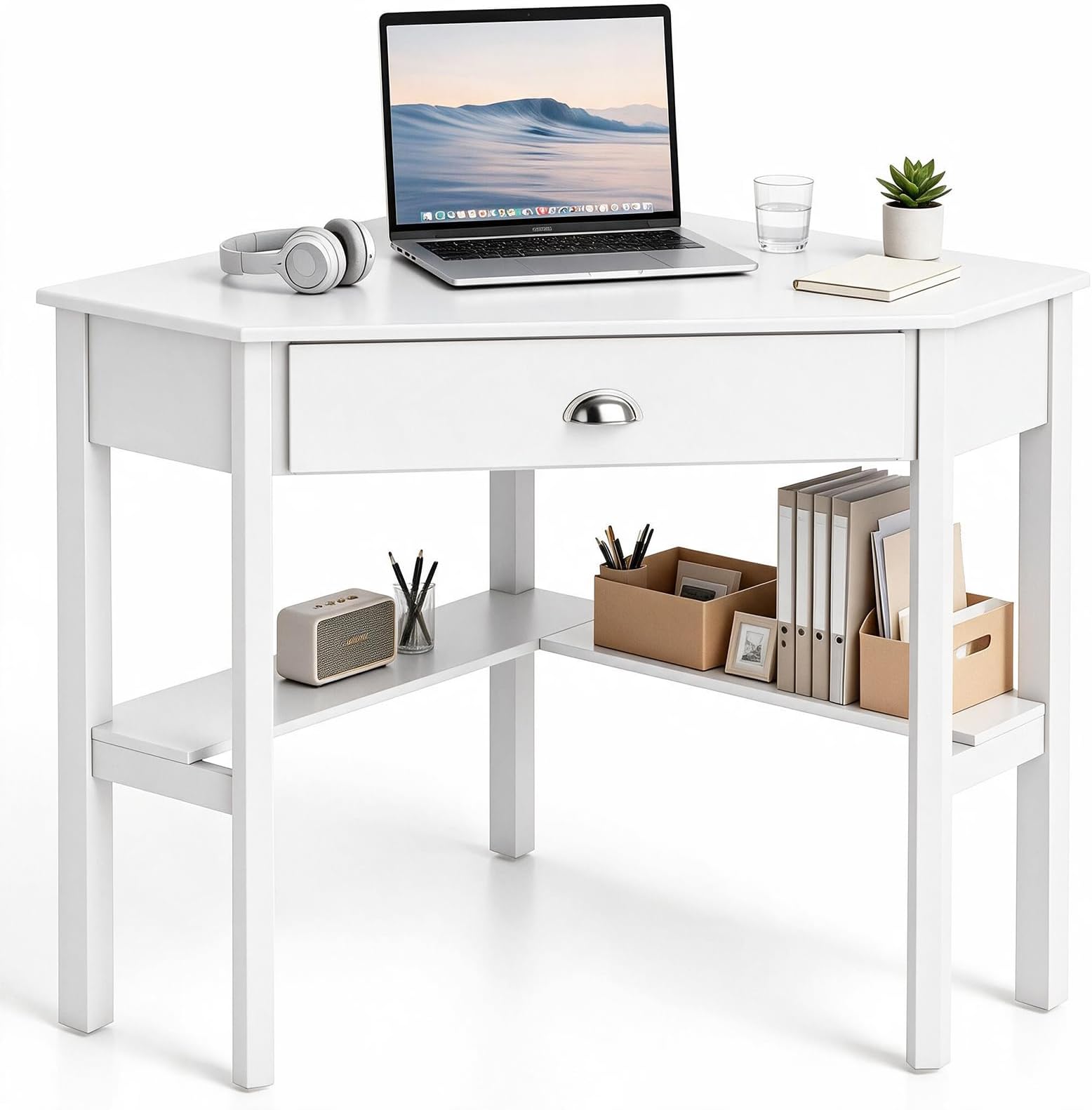 Corner Computer Desk, Wood Compact Home Office Table (White)