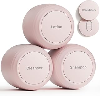 New Travel Toiletry Containers [Ultra Leakproof] TSA-Approved, PLA Hard Shell Jars with 5 Magnetic Labels, Wide Mouth Bottles for Lotion, Cleanser, Shampoo, Conditioner, Pink, 3 Pack, 1OZ